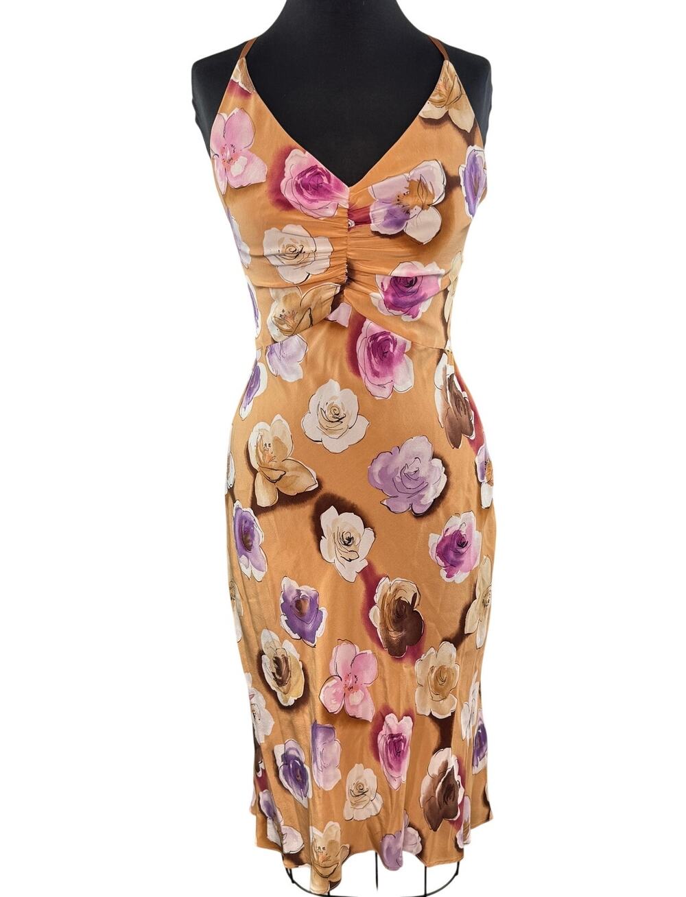 Laundry By Shelli Segal Mustard Floral Midi Dress with Pink & Purple Accents